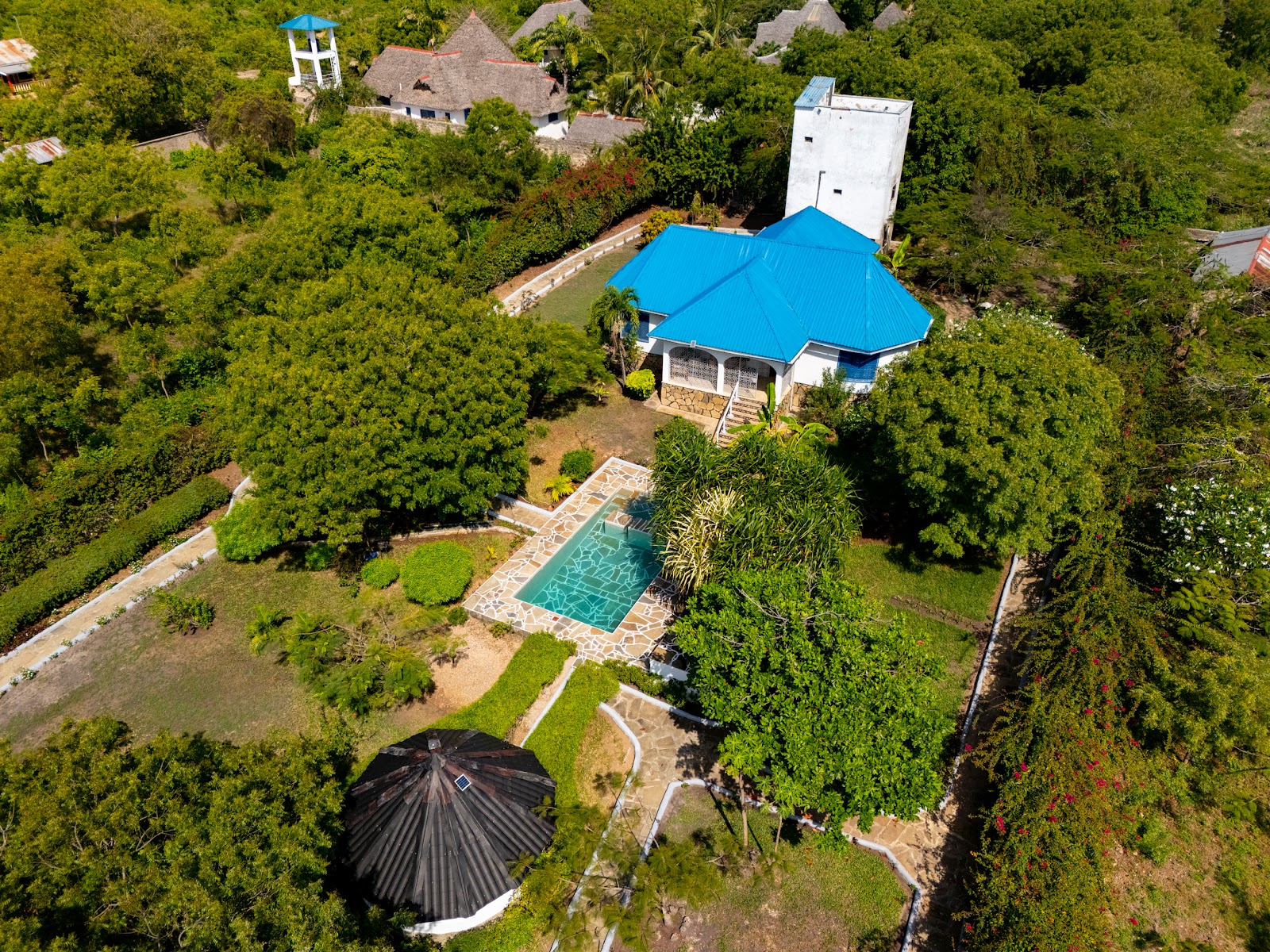 Aerial view of the one-acre Auregi Kwitu grounds surrounded by trees