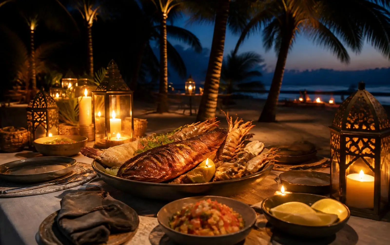 Candlelit dining table set on the sand under palms