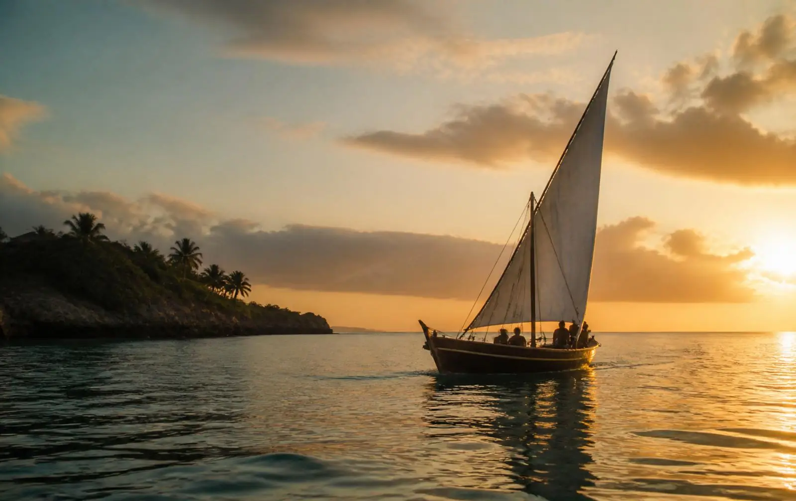 Dhow sailing on the Indian Ocean at sunset off the Kenyan south coast