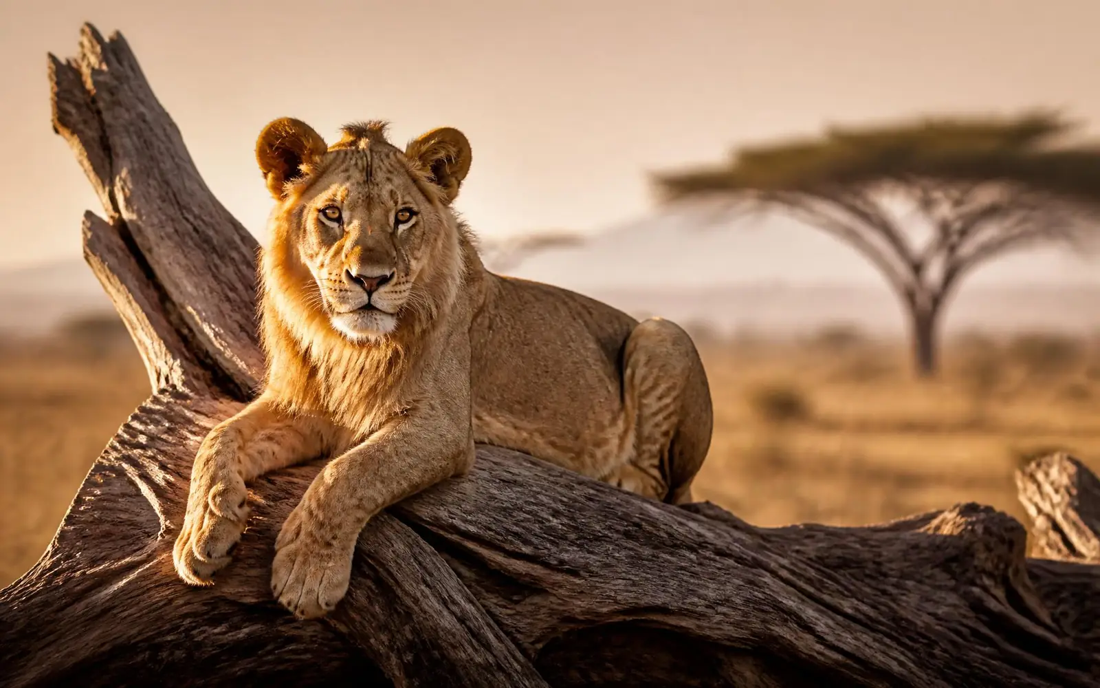 Lion in golden savannah light on a Kenyan safari